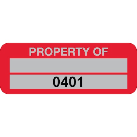 Lustre-Cal Property ID Label PROPERTY OF5 Alum Red 2in x 0.75in 1 Blank Pad&Serialized 0401-0500, 100PK 253740Ma2Rd0401